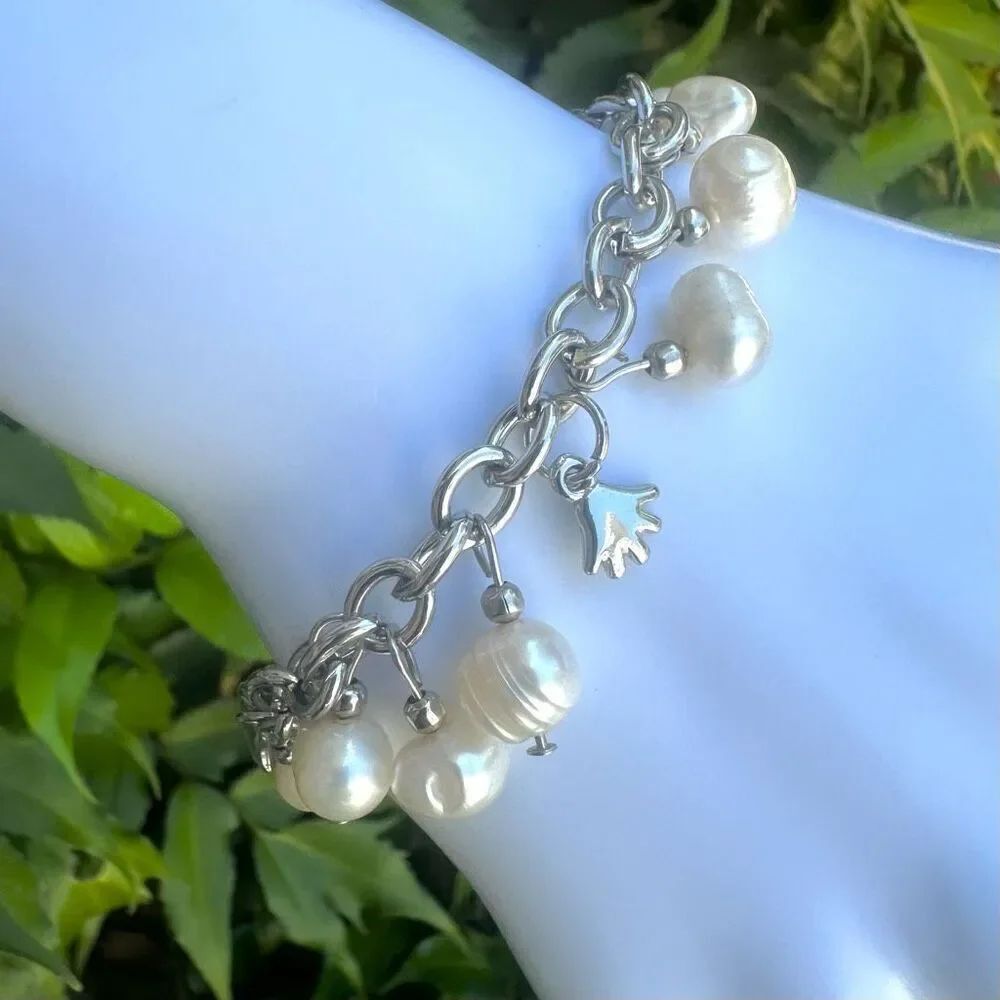 Silver tone fresh water pearl charm bracelet
